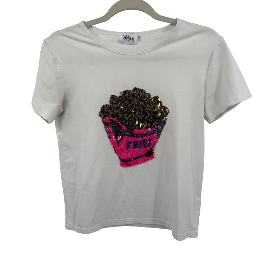 Lola + The Boys French Fries Sequin T-Shirt Kids Size 14 White Fair Condition
